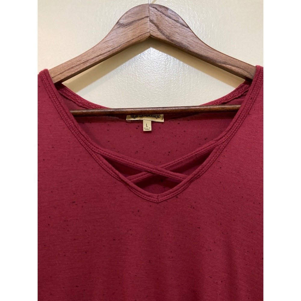 Democracy Criss Cross Top Womens L Burgundy Speckled V-Neck Side Knot Boho Soft - Picture 3 of 9